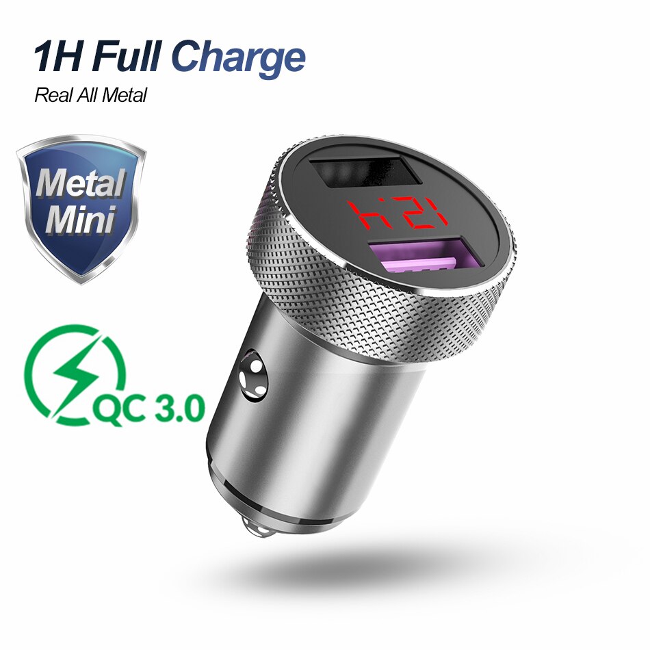 QC 3.0 Metal Dual USB Phone Car Charger LED Digital Display For iPhone Xiaomi Samsung Huawei Quick Charging Voltage Monitoring