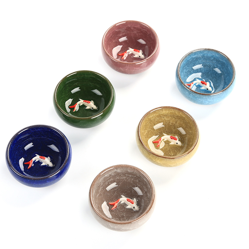 6 stk keramik 3d gyldne fisk kina te kop sæt, crackle glaze rejse te skål kinesisk porcelæn tekop sæt kung fu te sæt: 01
