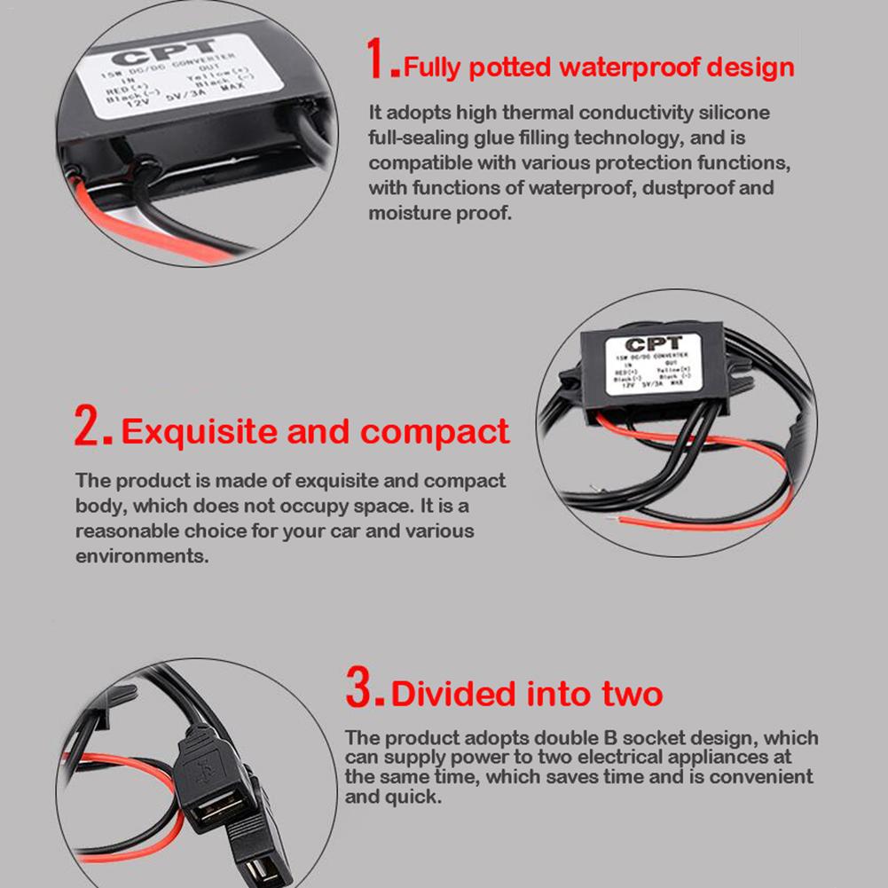 DC-DC Converter Module 12V To 5V 3A 15W Double USB Step Down Power Output Adapter Car Potting Waterproof Power Supply Module