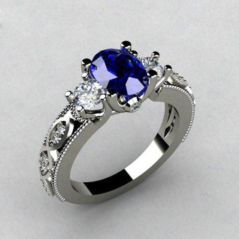 Huitan ovale bleu pierre bague de mariage de luxe Triple cristal pierre broche réglage avec motif de luxe bande femmes bijoux bague: 8