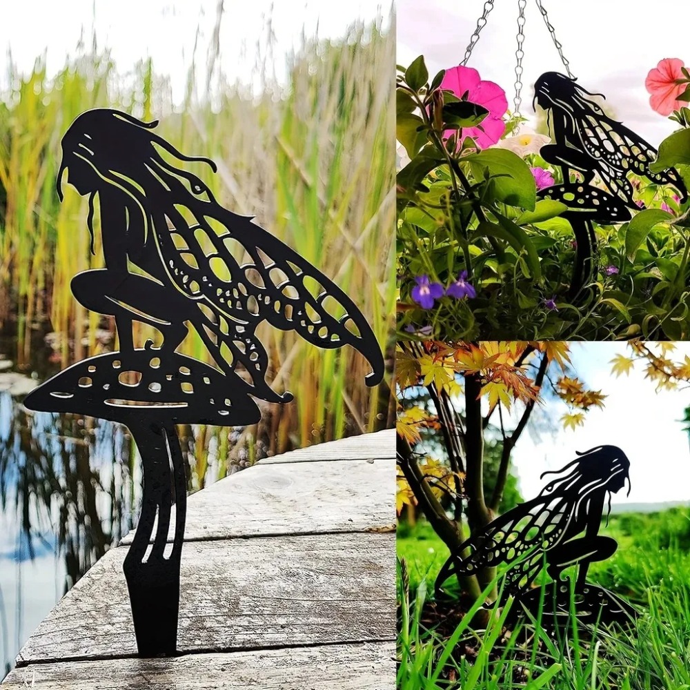 12 x 18 cm havefe-metal udendørsdekoration - finurlige fe-figurer med blomsterdetaljer, vejrbestandig terrasse- og græsplænekunst