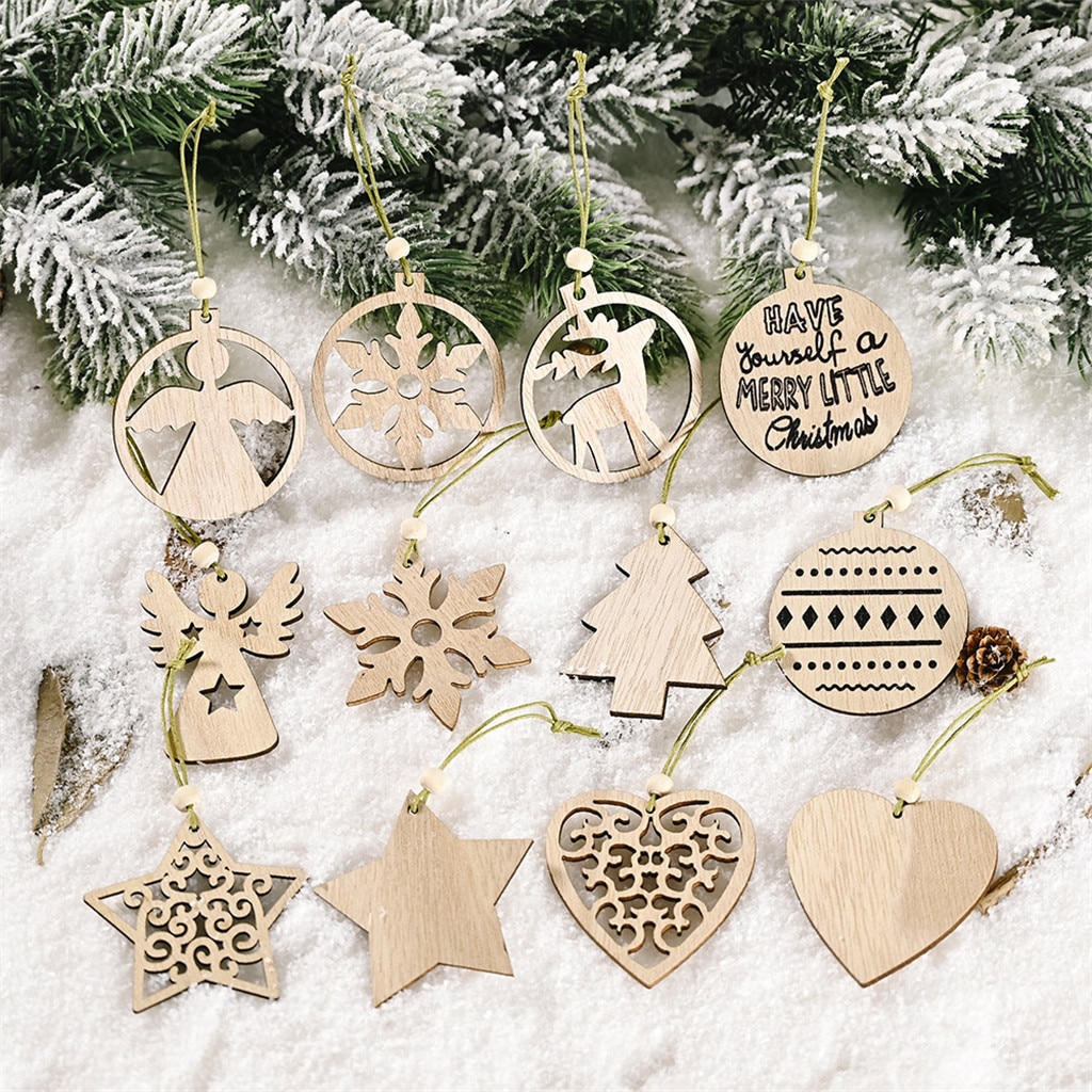 12 Stuks Houten Hollow Hangers Verfraaid Met Houten Ornamenten Christmas Tags Xmas Decoraties Voor Huis Ornament #50
