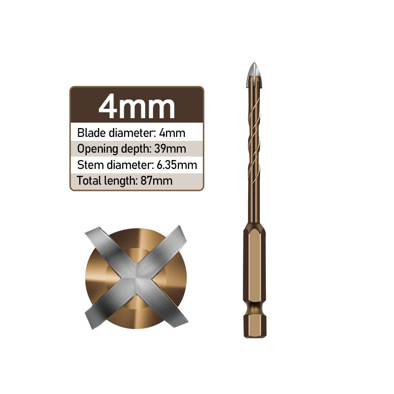 1Pc Hex Shank Spiral Groove Cross Alloy Four-edged Drill Bit Glass Ceramic Concrete Hole Opener 3/4/5/6/8/10/12MM: 4mm