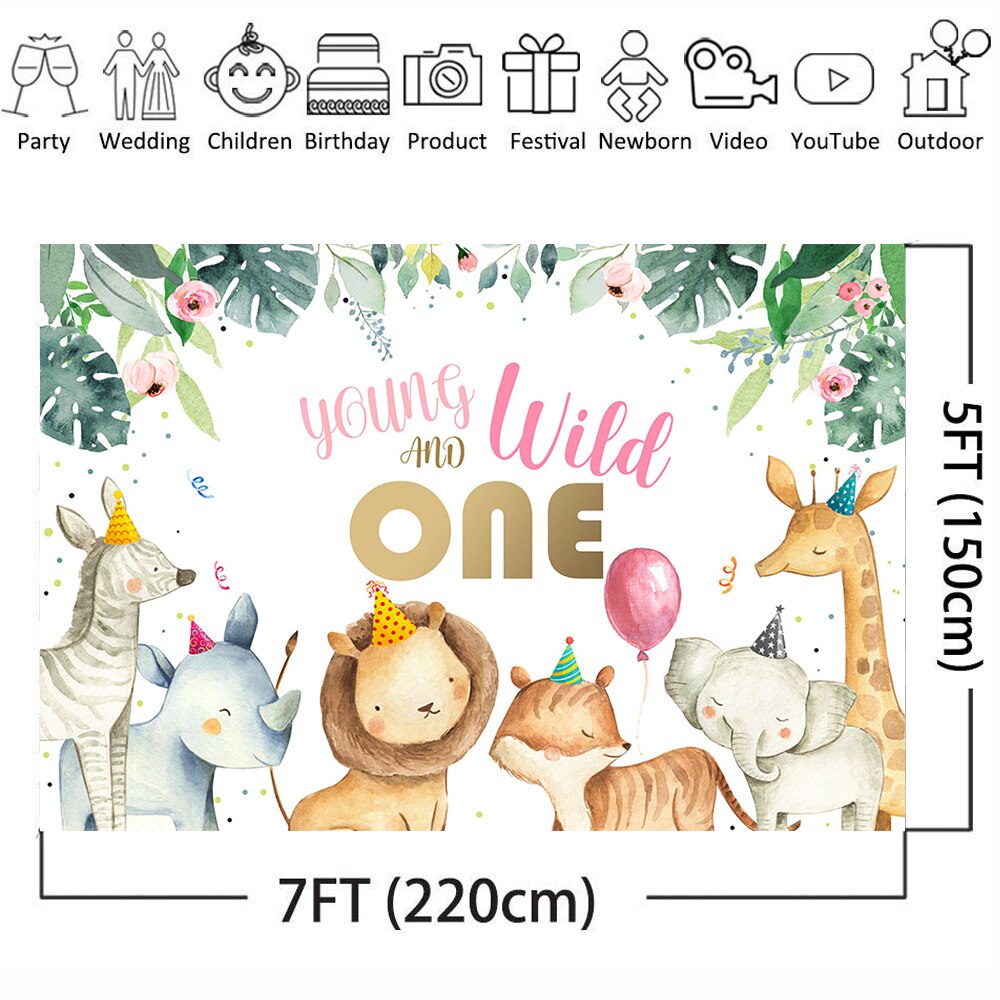 Cartoon Animal Jungle Birthday Backdrop - Kids Forest Photo Studio Prop - Green Leaf Balloons
