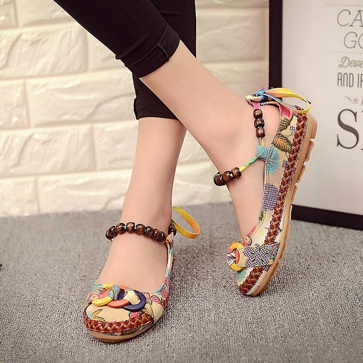 Zapatos planos informales de talla grande 42, Zapatos planos de Mujer hechos a mano con cuentas, mocasines de tiras, Zapatos Retro étnicos bordados para Mujer