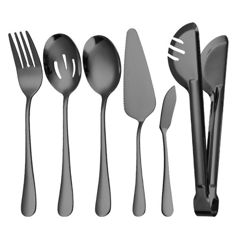 Cutlery Set Stainless Steel Food Tongs Meal Spoon Slotted Spoon Soup Spoon Dessert Fork Shovel Food Tongs Colander: 6pcs black