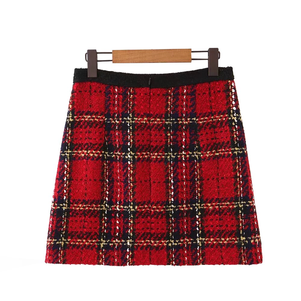 Mini faldas de cintura alta a cuadros para mujer, falda roja Vintage de Tweed, a la , para invierno,