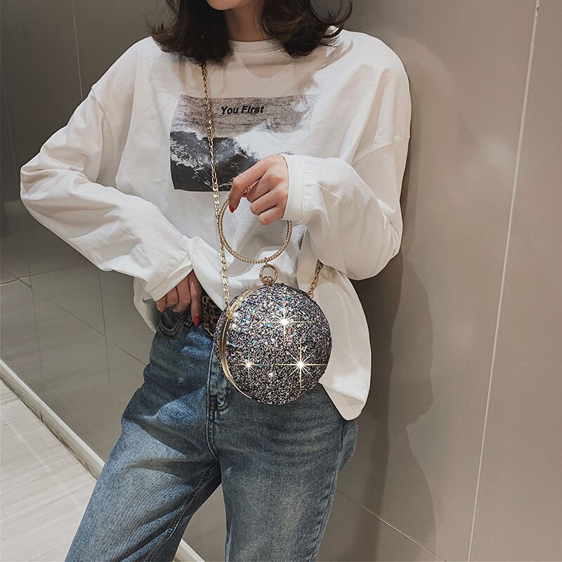 Women Evening Day Clutch Colorful Crystal Diamonds Round Ball Shaped Clutches Lady Handbag Wedding Purse Chain Shoulder Bag