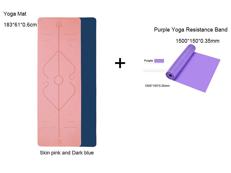 Tpe-yogamatte mit rutschfester oberfläche, positionslinien für fitness, gymnastik und pilates, inklusive yogamattentasche, 2 farben: Hautrosa-lila band