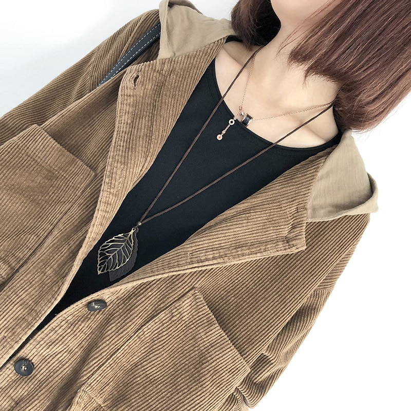 Chaqueta de pana casual suelta para mujer, chaqueta de color sólido de manga larga, abrigo de PANA con capucha, chaqueta de bolsillo de un solo pecho