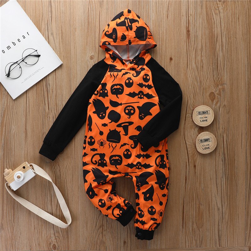 Baby Jongens Meisjes Halloween Rompertjes Lange Mouwen Hooded Ghost Pompoen Gedrukt Hooded Kleding Jumpsuits 3-24 Maanden