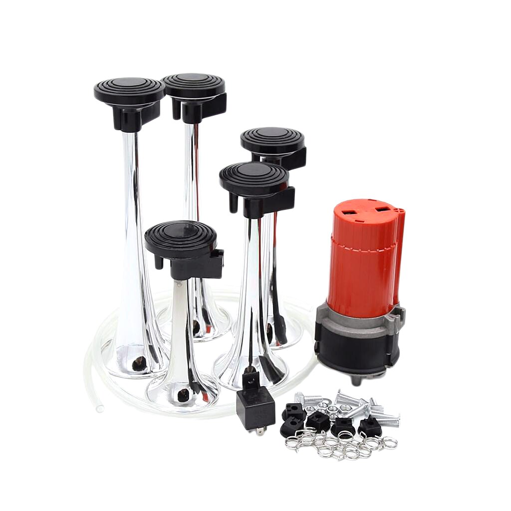 Super Loud 130db Air Horn, Chrome Zinc 5/Five Trumpet Air Horn with Compressor for 12V DC Vehicles Cars Trucks Trains Boats