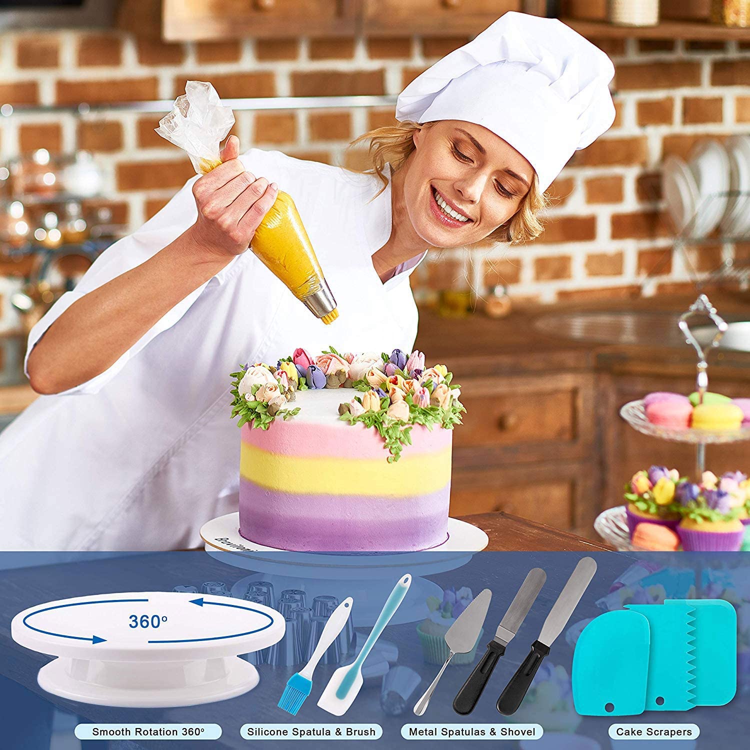 Turntable Pastry 141pcs Pastry Kit with Pastry Socket, Pastry Bag, Spatula Egg Beater Muffin Pan Pastry Utensil Kit