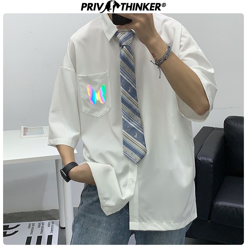 Chemises homme privathink réfléchissantes à motif papillon, style coréen, manches mi-longues, style harajuku, style hip-hop, décontractées