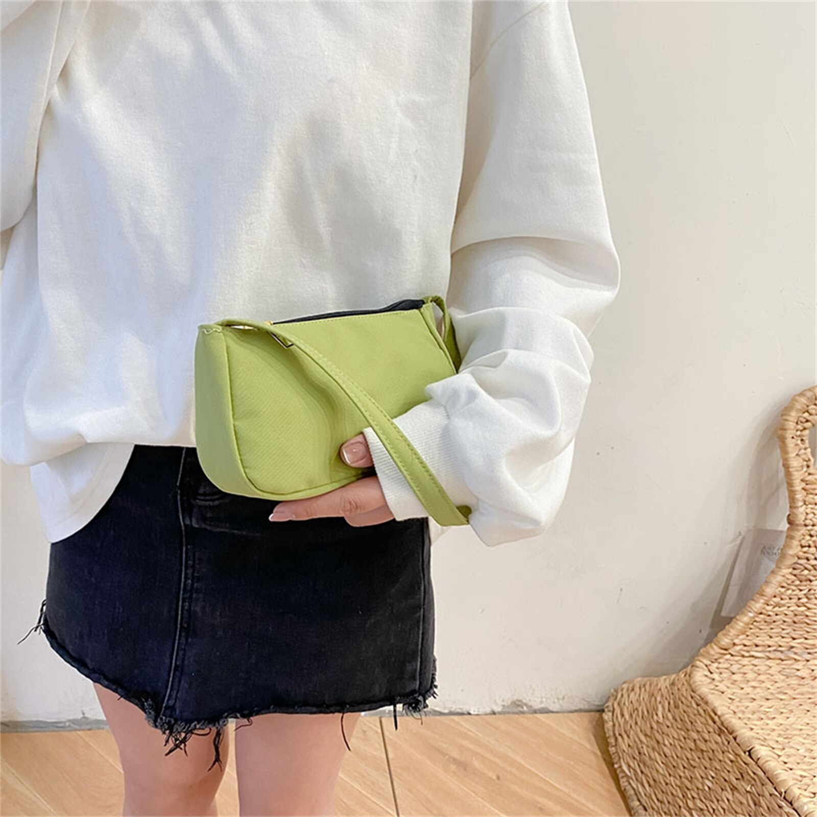 Solid Color Ladies Baguette Handbags Women Nylon Casual Shoulder Underarm Shoulder Bags Portable Travel Clutches#p35