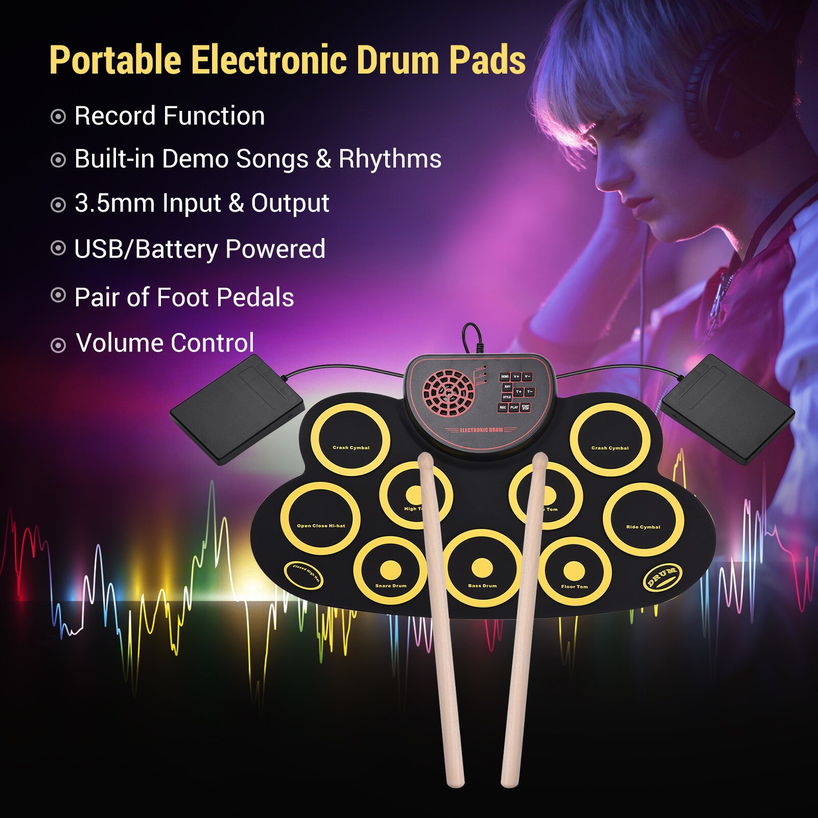 Portable Electronic Roll-up Drum Pad Silicon Digital Drum Pad Audio Output & Record Functionput with Foot Pedals Drum Sticks