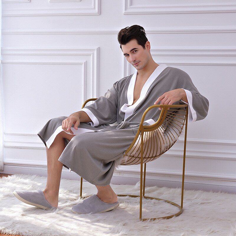 Sy4 herfst winter effen kimono badjas heren lange kamerjas dikke warme nachtkleding paar nachtjapon heren losse huiskleding: Grijs / M