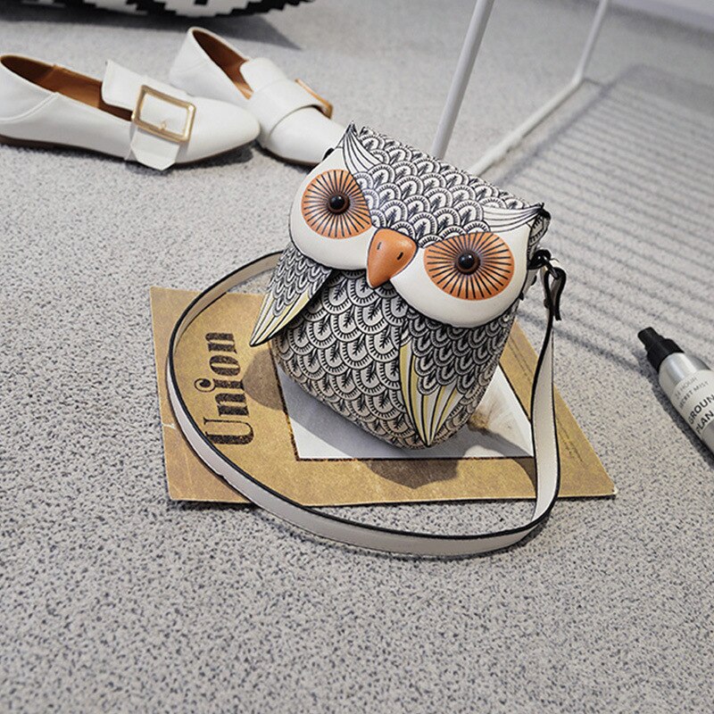 Mini sac à bandoulière en cuir pour femmes, Animal mignon, sacoche à épaule, dessin animé hibou, sacs créatifs pour filles, bourse en polyuréthane, QF Unique: Beige