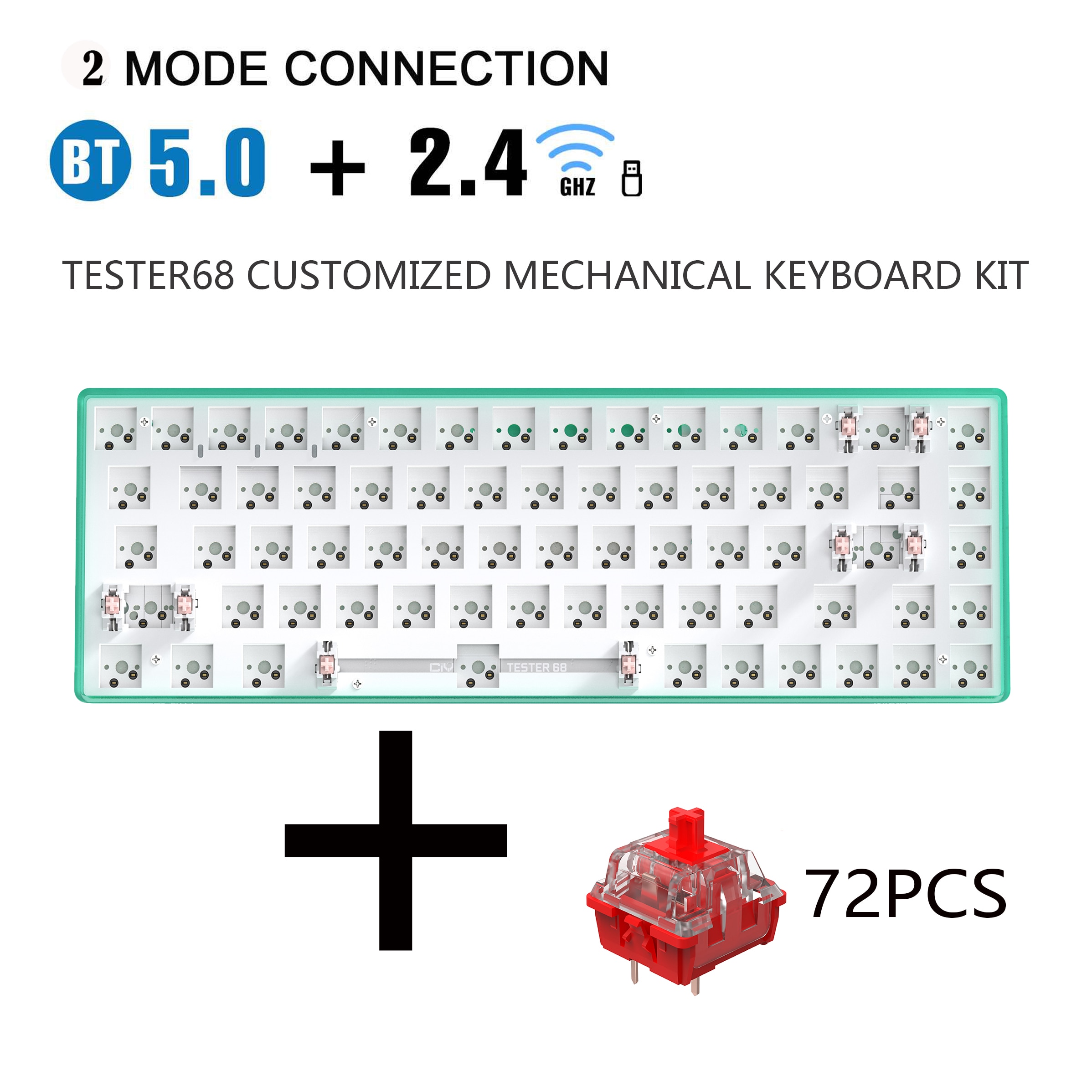 TESTER68 – Kit de clavier mécanique sans fil, Bluetooth 2.4G, 2 modes de jeu, 60%, pour interrupteur 3 broches/5 broches: green.switch