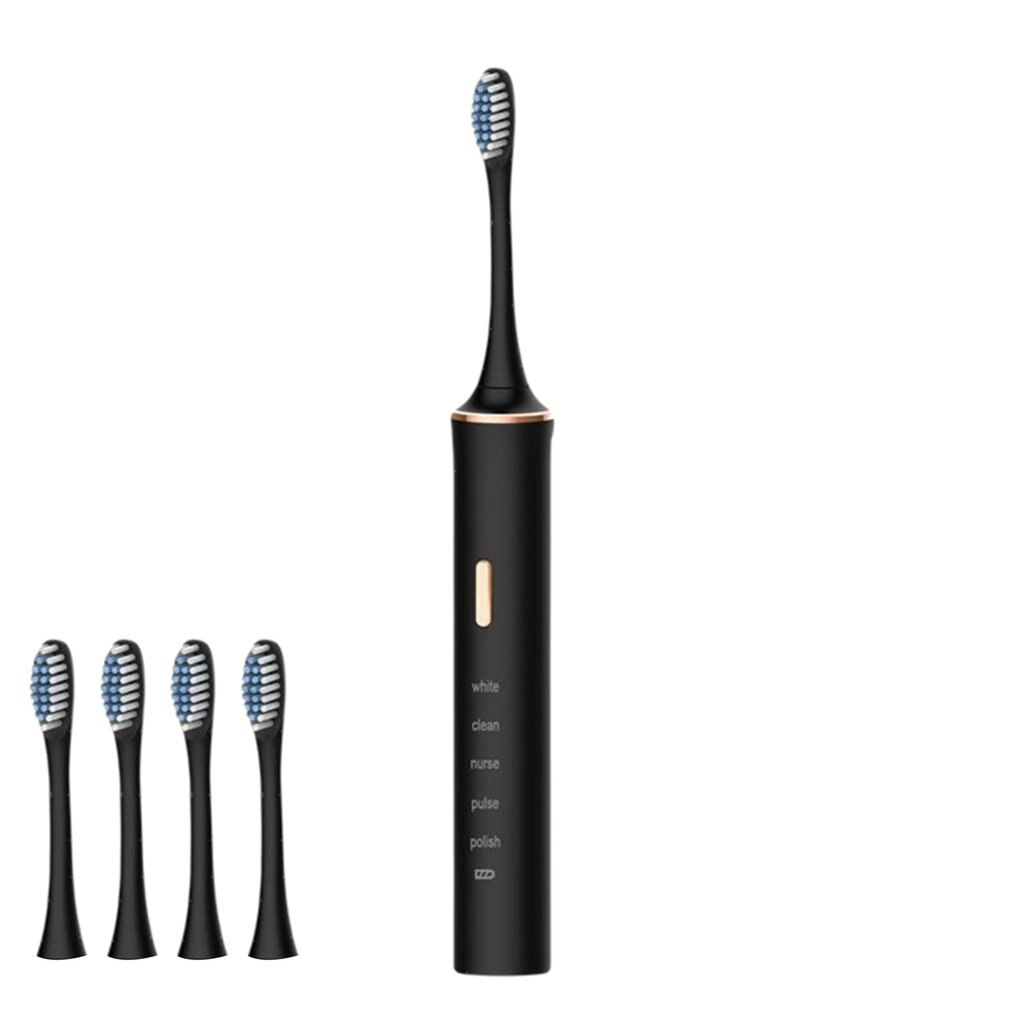 Electric Toothbrush Adult Timer Brush 5 Mode USB Charger Rechargeable Tooth Brushes With 4 Replacement Heads: Black