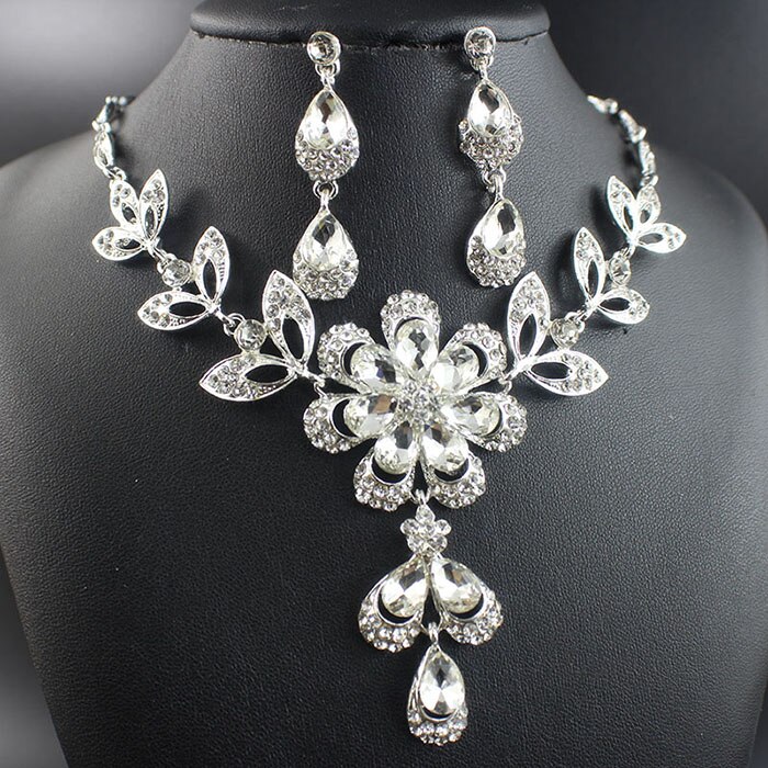 jiayijiaduo Simple Bridal jewelry sets Crystal Flowers Silver color necklace/earring set for women clothing wedding accessories: Default Title