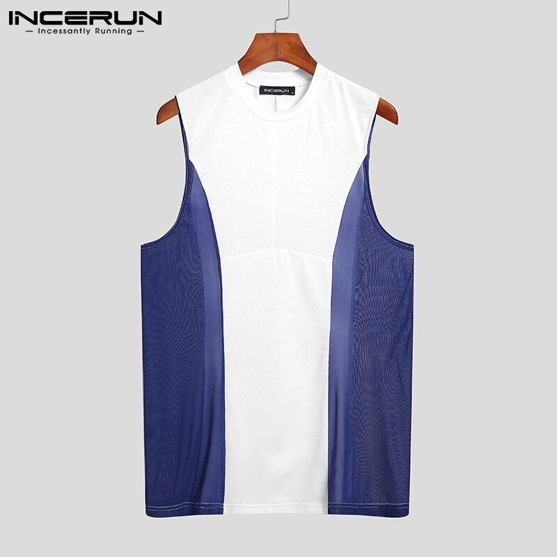 Comfortable Homewear Sleep Tops Men&#39;s Sexy Leisure Spliced Breathable Mesh Taped Sleeveless Vests S-5XL 2022 INCERUN: L