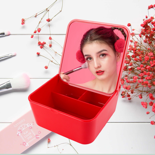 Portable Makeup Mirror Set With Storage Box Container Vanity Mirror Desktop Organizer for Cosmetics: Red