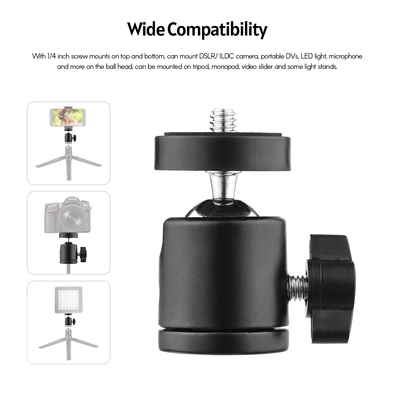 2-Pack Mini Swivel Ball Head Tripod Head 360 Rotating Mount Base Adapter for DSLR ILDC Camera DV Tripod Monopod Light Stand