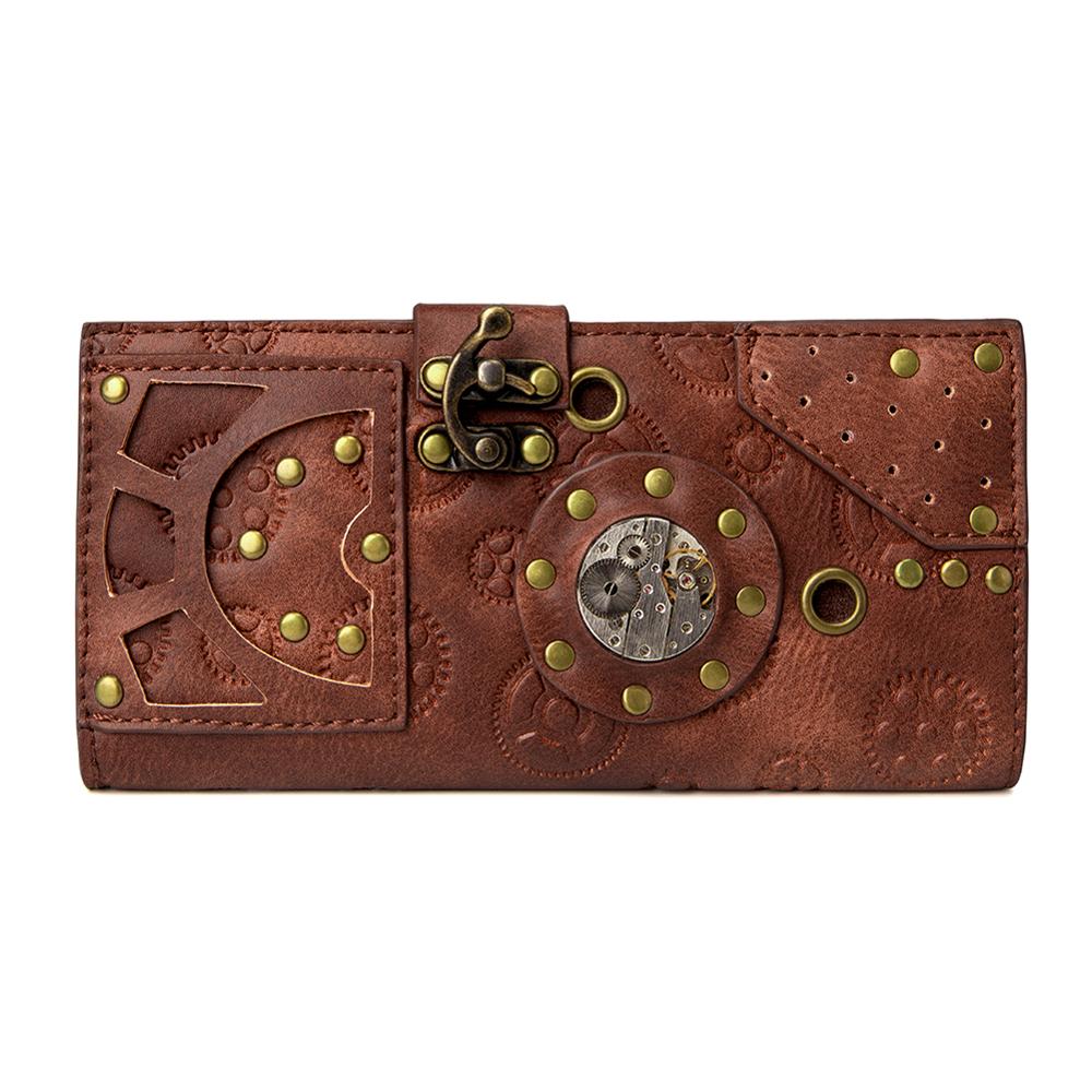 Steampunk dames portemonnee met lange print, versnellingen, leren dames portemonnee met gesp en klinknagel, portemonnee met europese kaarthouder, tas voor mobiele telefoon