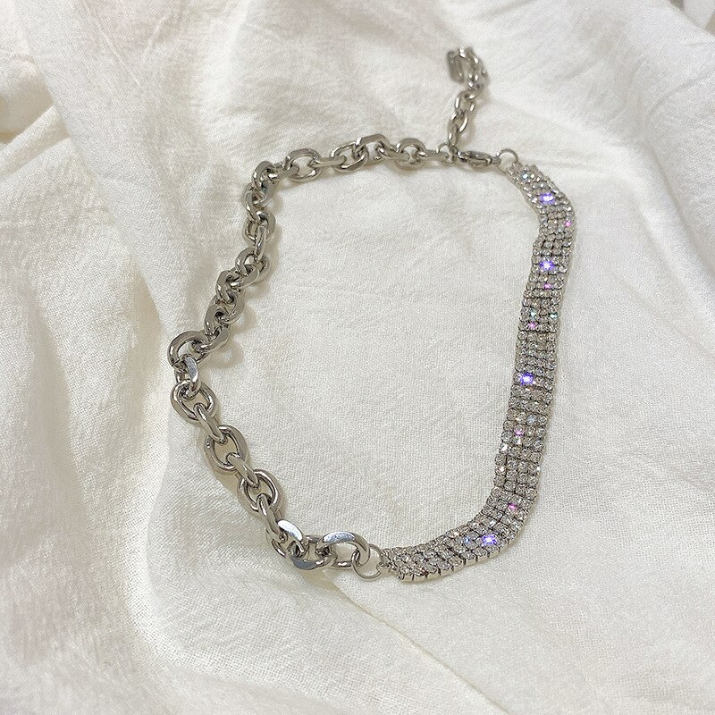 Aomu titânio aço grosso corrente brilha strass metal prata cor colar clavícula corrente coreia gargantilha colar para mulher