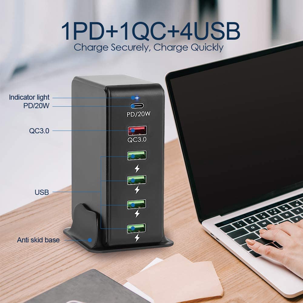 65W 6 Poorten Usb C Lader Met Stand Fast Charger Met 1 USB-C 20W Pd + 1 QC3.0 + 4 Usb Laadstation