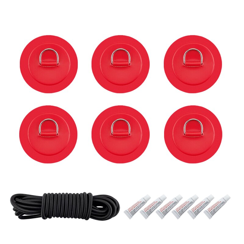 6 stuks/partij surfplank, dinghy, boot, pvc-patch met roestvrijstalen d-ring, dekbevestiging, sup ronde ringpad, 5m elastische bungee-touwset: Rood