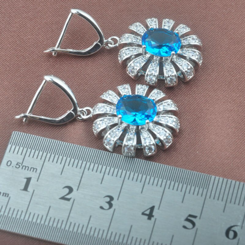 Hemelsblauwe zirkoon zilverkleurige sieraden sets dames snuisterijen trouwsieraden ring ketting en oorbellen set  tz0471