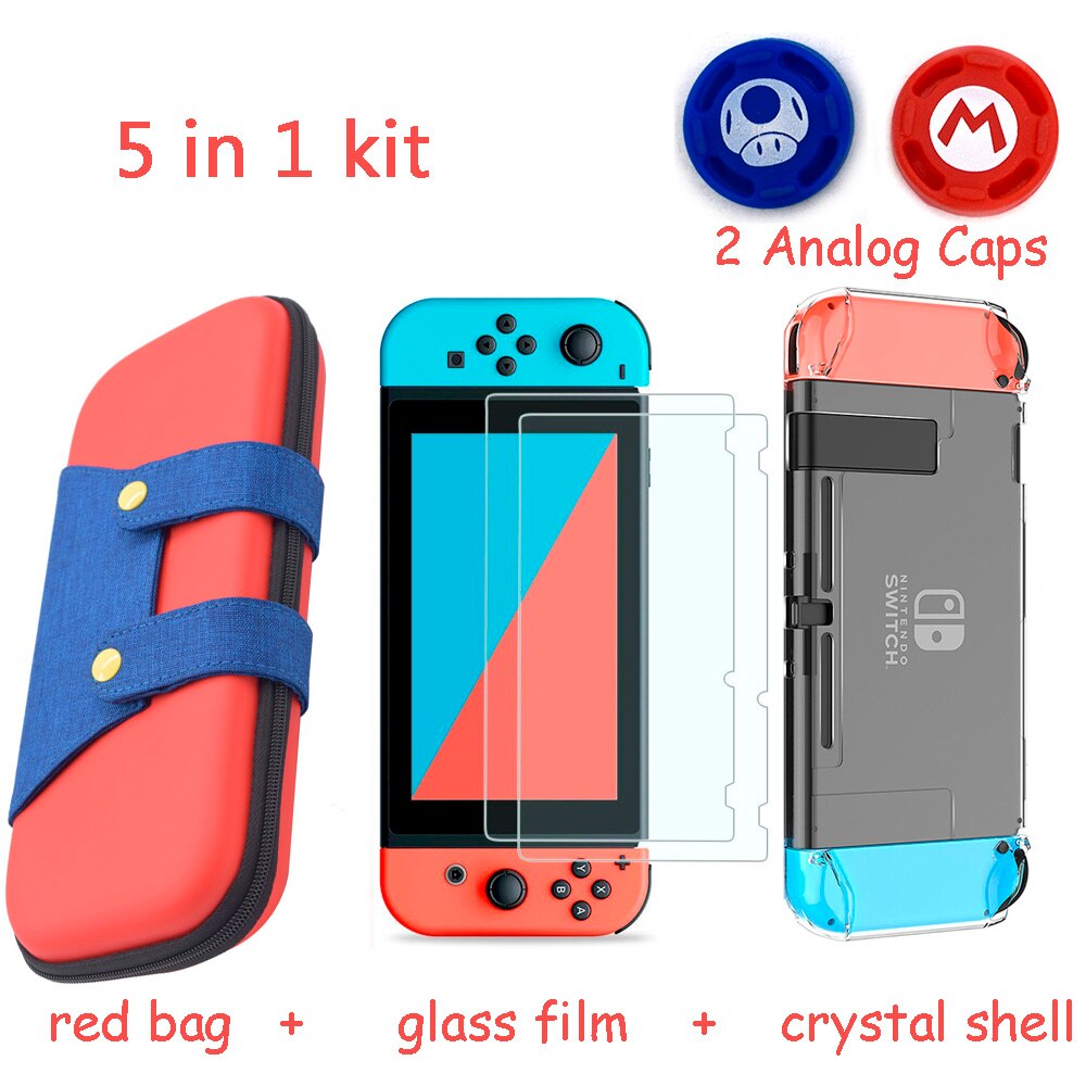 5 En 1 consola de juegos bolsa de almacenamiento para Nintend Switch NS caso para Nintendo interruptor + Hard Shell + de templado de vidrio de película + 2 agarre tapas: 5 in 1 red