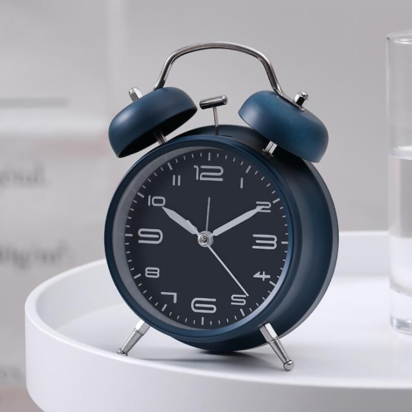 Metal Double Bell Alarm Clock with Stereoscopic Dial, Night Light, Battery Operated Matte Loud Alarm Clock for Deep Sleepers: Blue