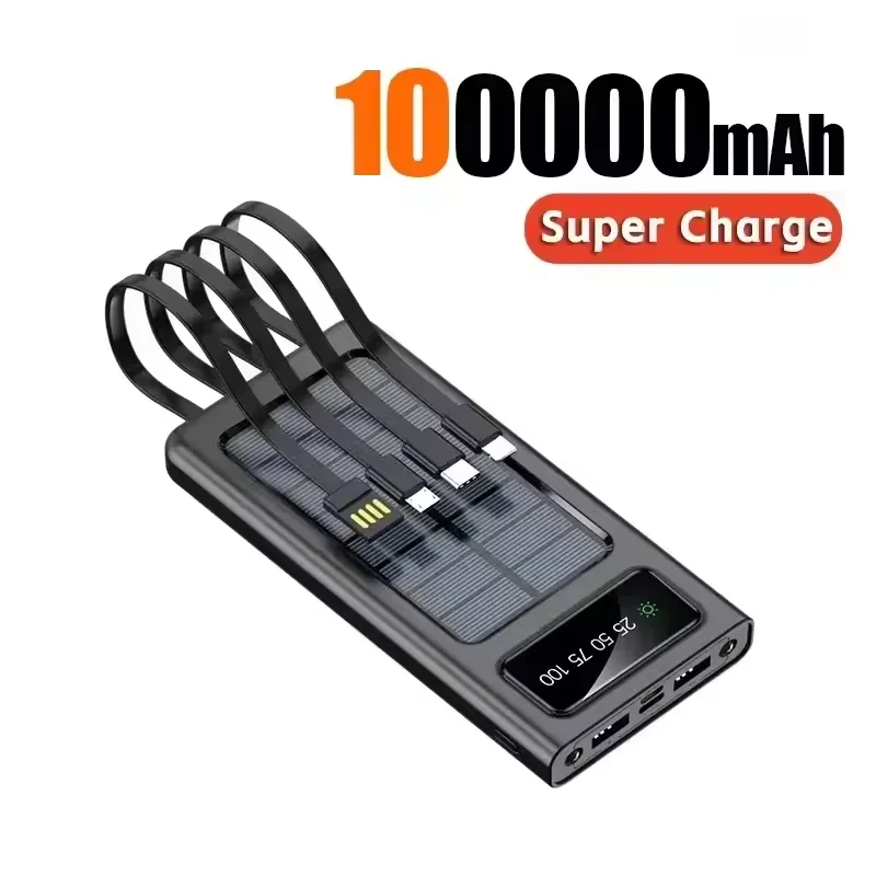 200000 mah solcelledrevet powerbank med ultrakapacitet, usb 4 in1 superhurtig opladning, usb type c, led-lys, udendørs powerbank til iphone: Sølv