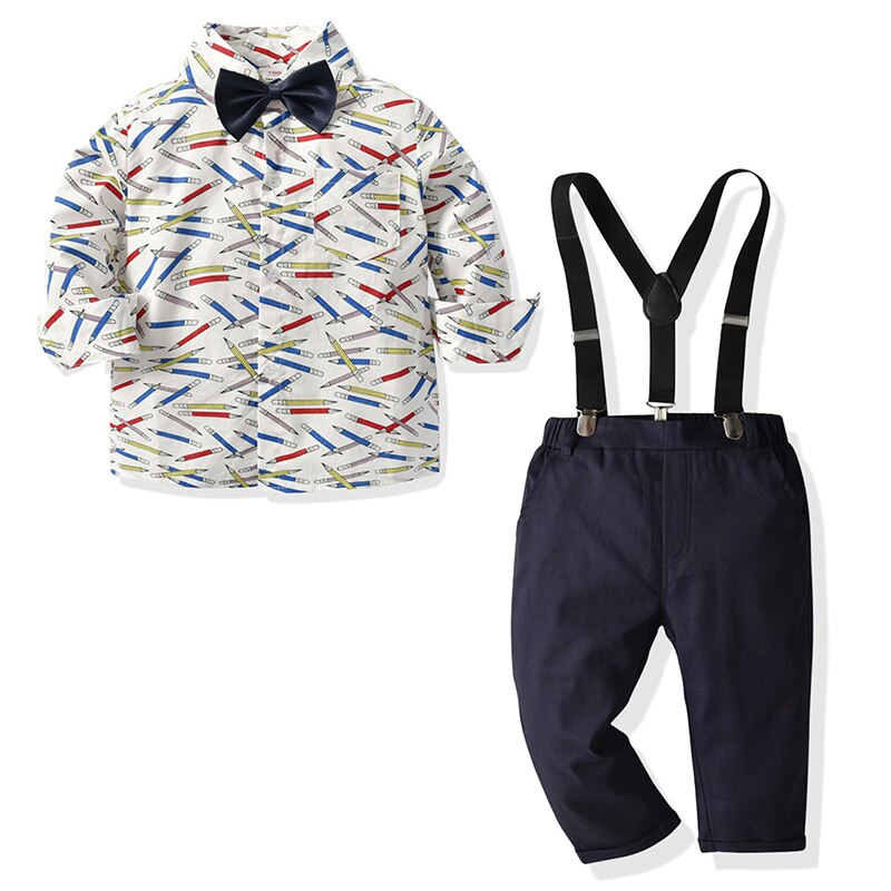 Baby Jongens Gentleman Casual Pak Lange Mouwen Bowtie Shirt + Broek Jarretel Sets 4 Stuks Kinderen Jongens Kleding: z21027 / 24M(90)