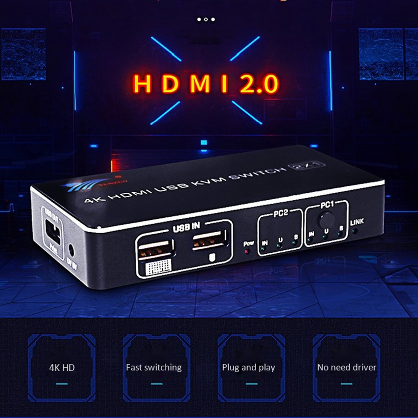 2 port hdmi usb kvm 4k switcher splitter 4k @ 60hz rgb/yuv 4 ： 4 ： 4 hdr hdmi 2.0 switcher 2 x 1 för att dela skrivarens tangentbordsmus