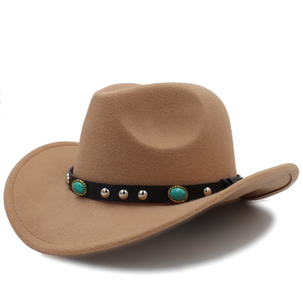 Kvinder uld hule vestlige cowboy hat roll-up bred skygge dame jazz sombrero hombre cowgirl kasket med punk bælte størrelse 56-58cm: Khaki