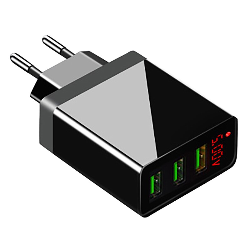 3 Port USB Phone Charger Led Display Eu Plug 5V3A Folding Charger for iPhone12/Ipad Etc: Black