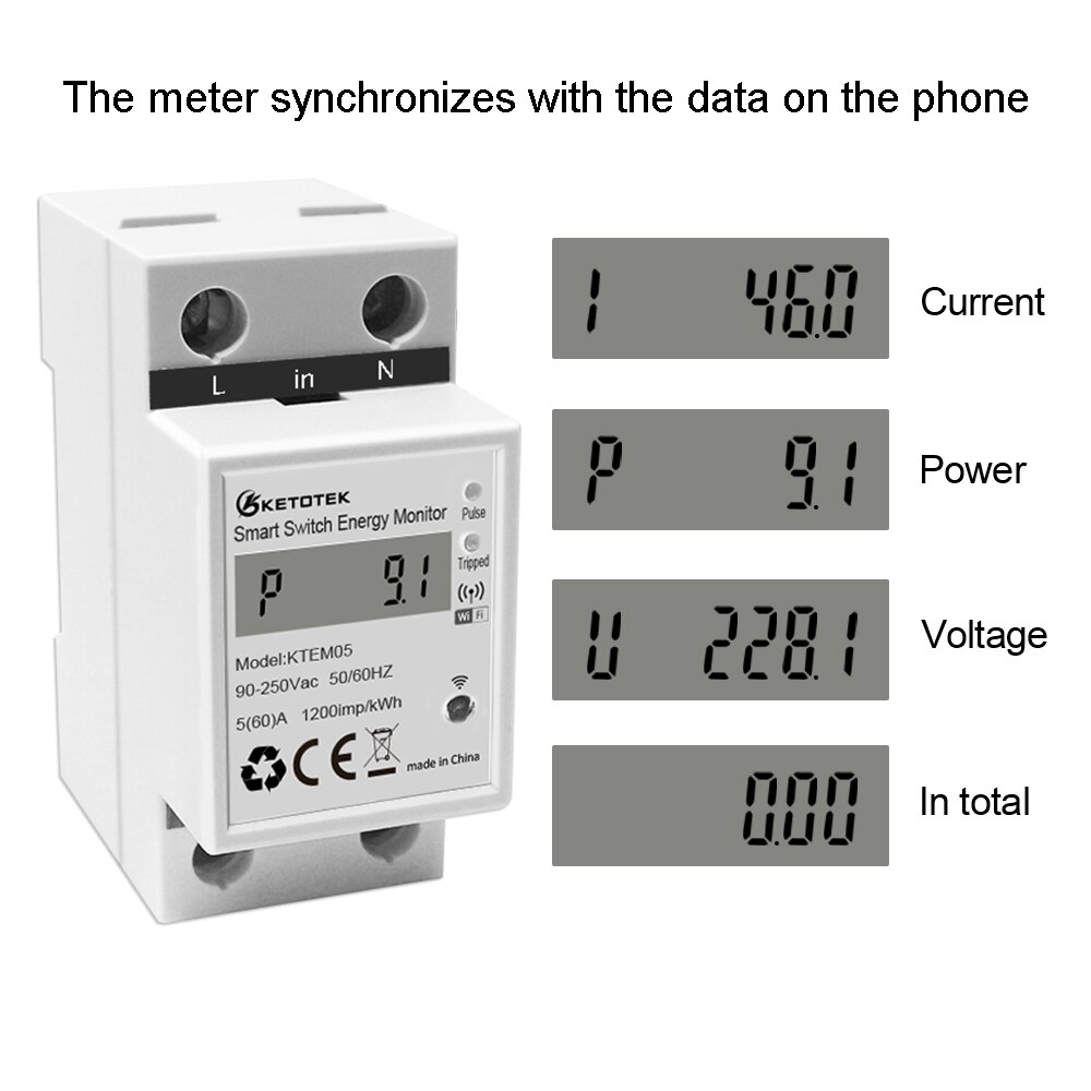 WiFi Smart Energy Meter Single Phase DIN Rail App Control Wattmeter Power Consumption Analyzer Voltage Current Meter 220V 50Hz