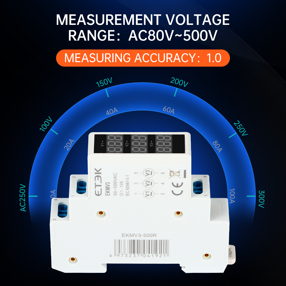 Voltímetro trifásico Digital Led Modular para medidor de voltaje de carril Din Ac 220v 230v 380v 80-500V EKMV3 ETEK
