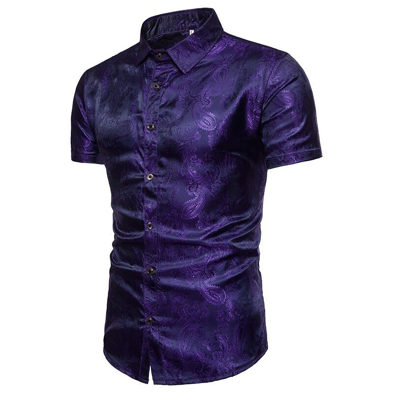 Miesten lyhythihaiset paidat miesten punainen sininen valkoinen silkki satiini kukkakuvioinen paita topit m -3xl: Violetti / Xxxl
