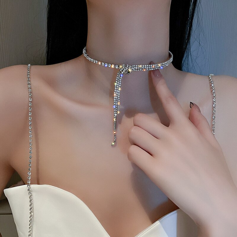 FYUAN Gesign Geometric Crystal Choker Necklaces for Women Long Tassel RhinestoneTorques Necklaces Statement Jewelry