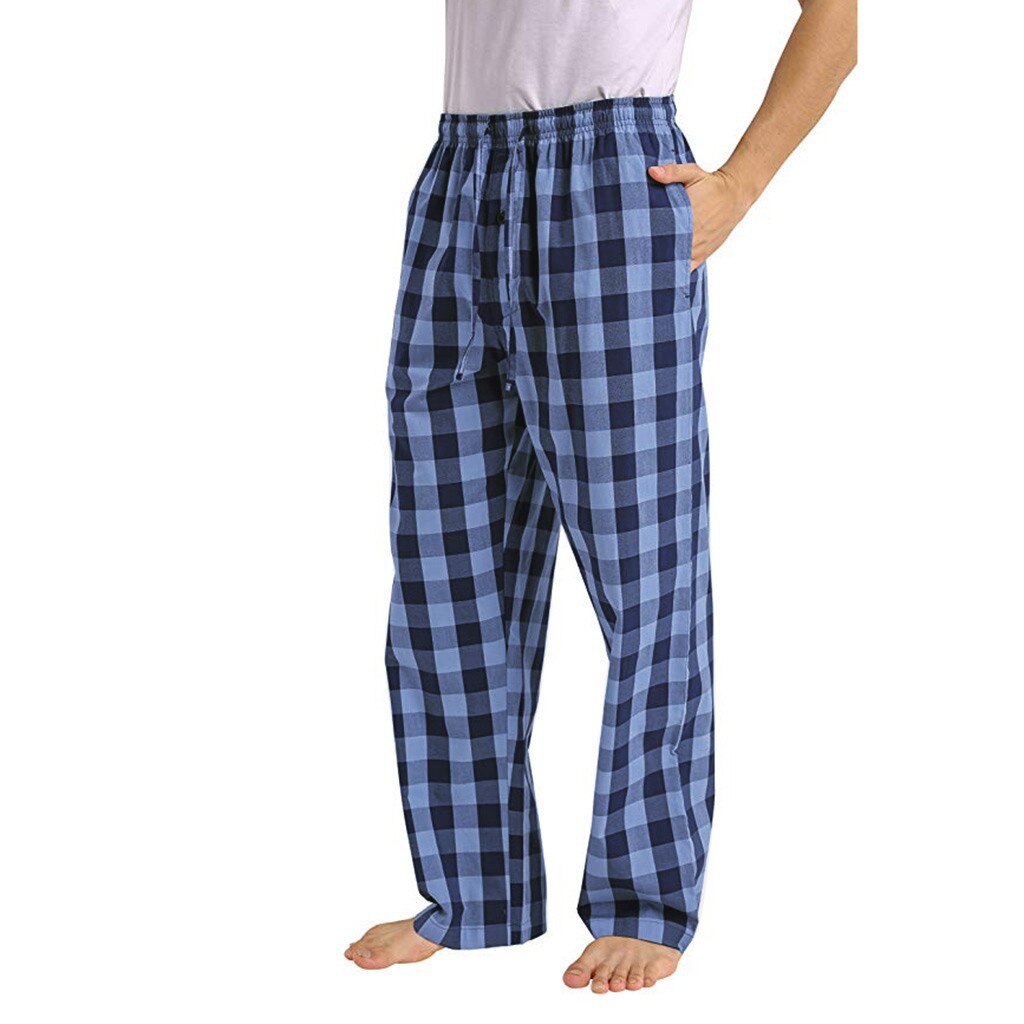 Pijamas a cuadros para hombre, pantalones de algodón y lino, holgados, de talla grande, 2022 KG, ropa de casa a cuadros azules, 200: Lake Blue Plaid / XXL