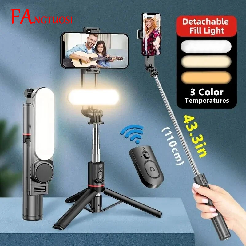 FANGTUOSI 2025 nowy L15 bezprzewodowy kijek do selfie stojak trójnóg składany monopod z oświetleniem Led dla smartfonów Tiktok strzelanie na żywo