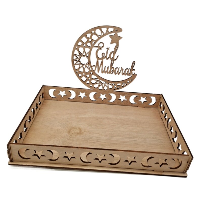 Wooden Islamic Dessert Tray Plate Dishes Mubarak Islamic Muslim Party Decoration Festival Table Decor