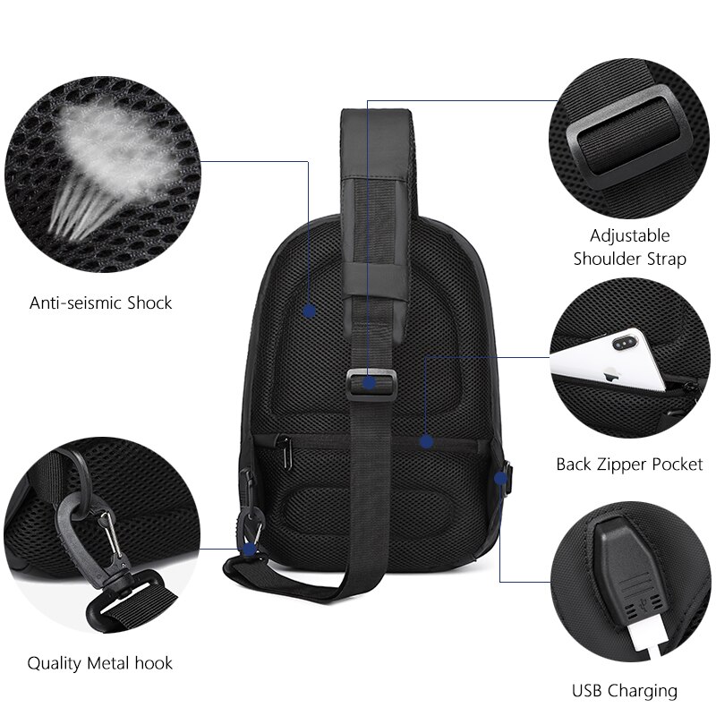 OZUKO Rivet poitrine sac sac à bandoulière mâle étanche court voyage sacs à bandoulière USB sac de messager pour les affaires d'adolescent