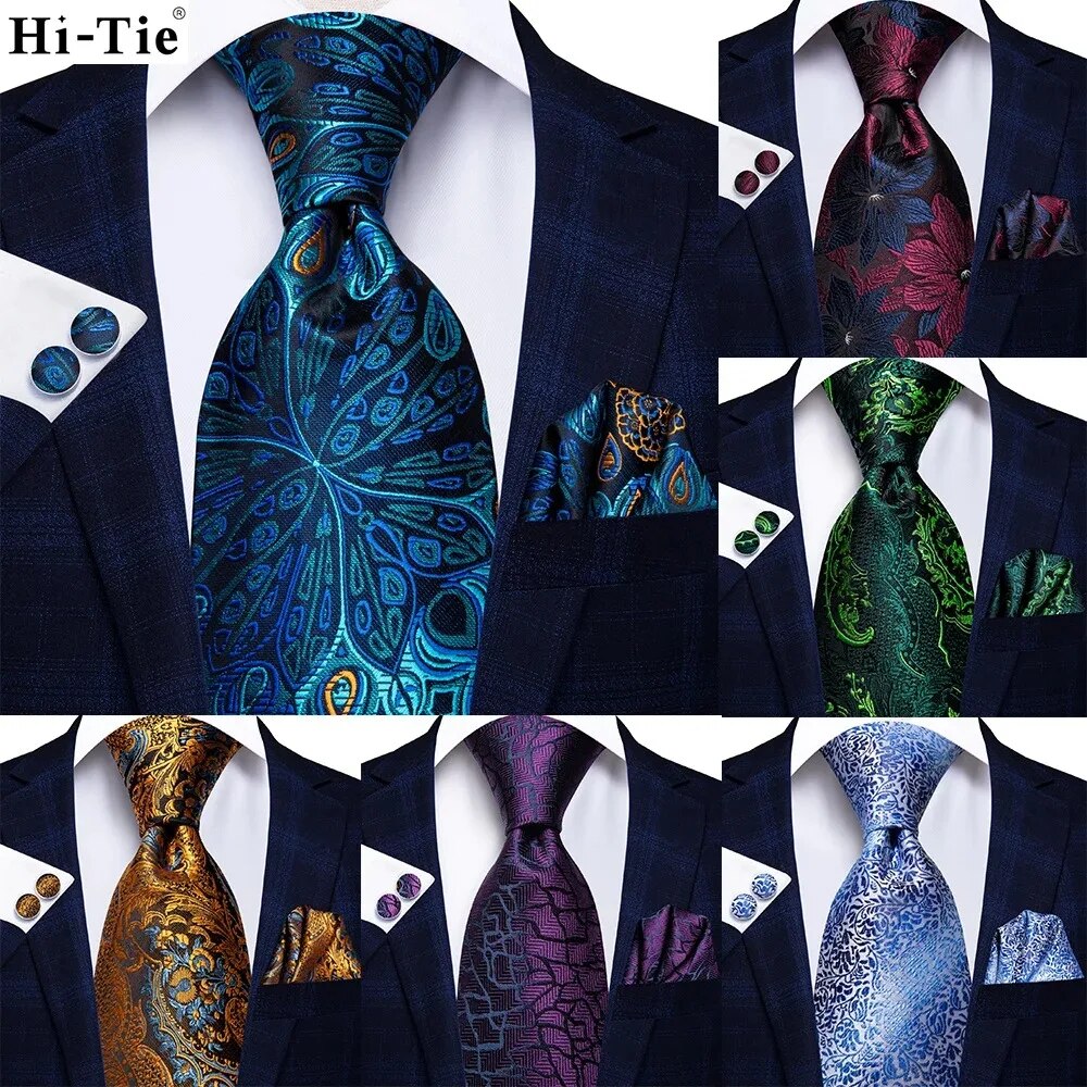 Hi-Tie-corbata de boda de seda de para hombre, color azul pavo real, gemelos, , conjunto de corbata de para de negocios
