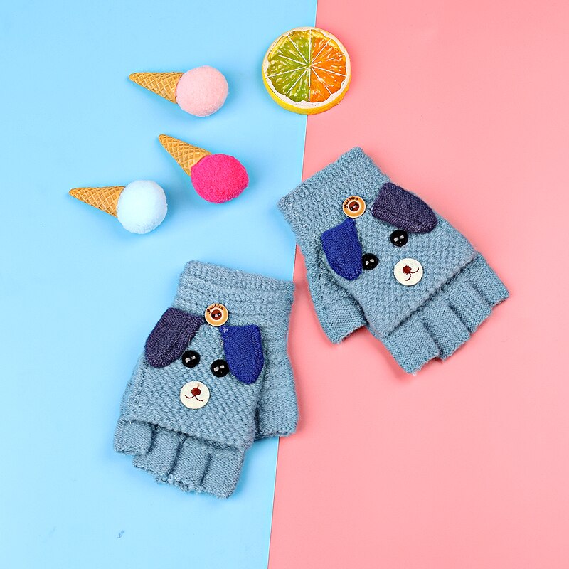 Baby Kids Winter Gebreide Warm Vingerloze Wanten Leuke Cartoon Puppy Convertible Flip Top Handschoenen Met Knop Voor Jongens En Meisjes: Blauw